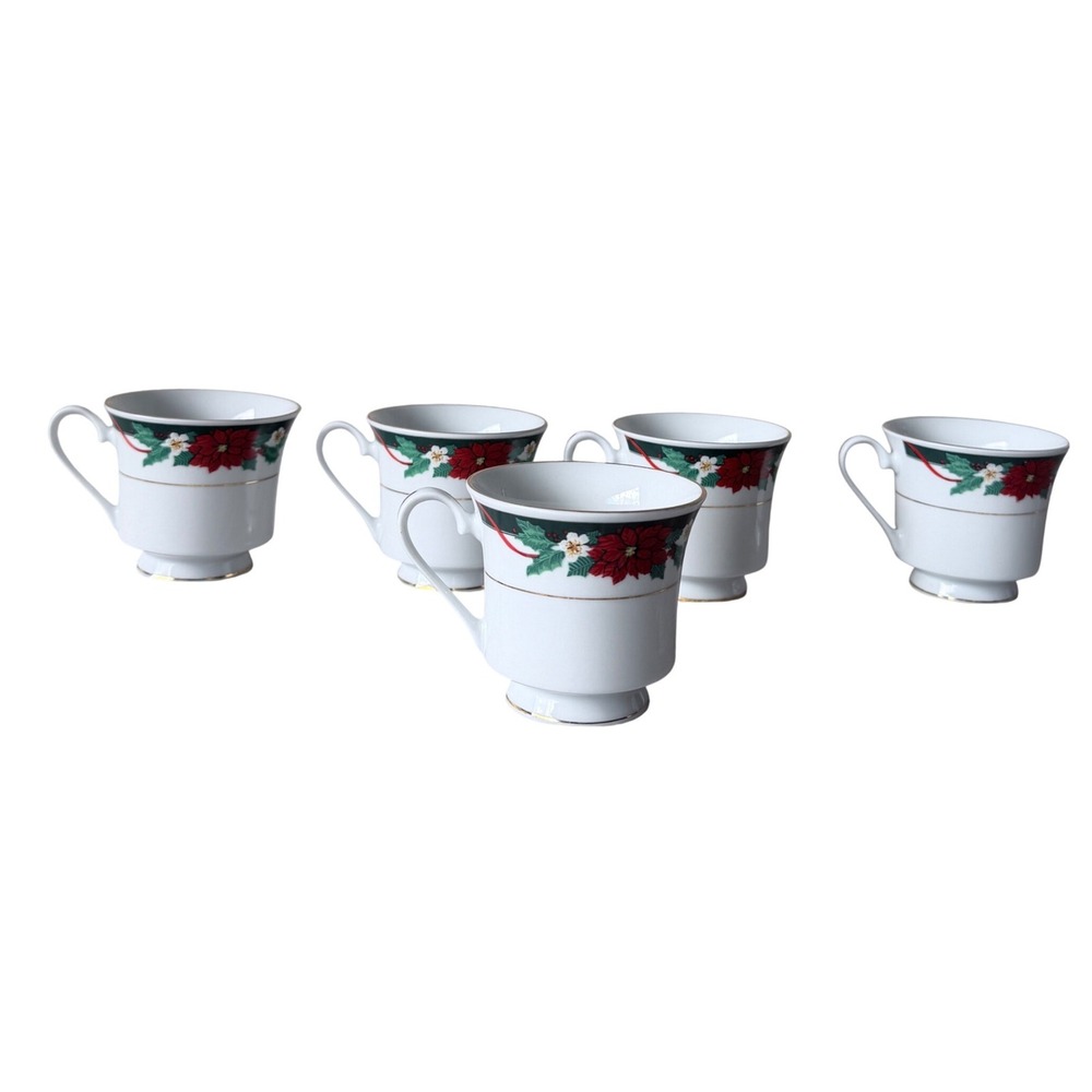 Tienshan Fine China Christmas Poinsettia Tea Cups‎ Set of 5 Gold Trim Holiday